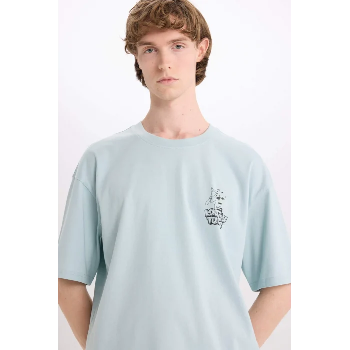 Defacto D6774 Mavi %100 Pamuk Looney Tunes Boxy Fit Bisiklet Yaka Baskılı Kısa Kollu Tişört