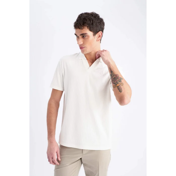 Defacto E1207 Ekru Regular Fit Kısa Kollu Krinkıl Polo Tişört