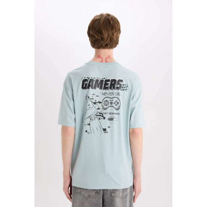 Defacto D6774 Mavi %100 Pamuk Looney Tunes Boxy Fit Bisiklet Yaka Baskılı Kısa Kollu Tişört