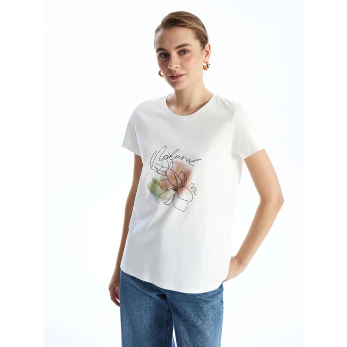 LCWAIKIKI Classic Ekru Bisiklet Yaka Baskılı Kadın Tişört