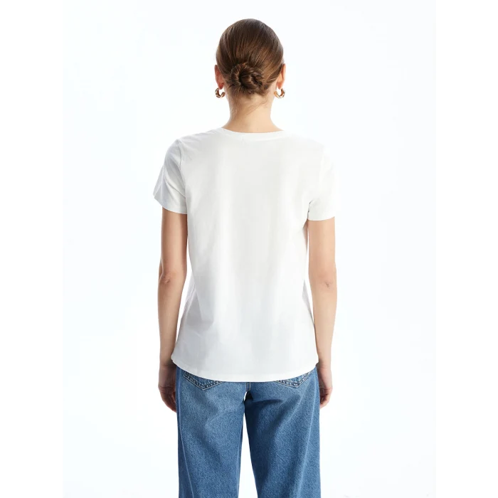 LCWAIKIKI Classic Ekru Bisiklet Yaka Baskılı Kadın Tişört