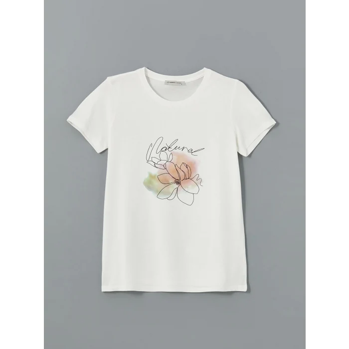 LCWAIKIKI Classic Ekru Bisiklet Yaka Baskılı Kadın Tişört