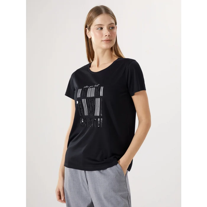 LCWAIKIKI Classic Siyah Bisiklet Yaka Pul Payet İşlemeli Kadın Tişört