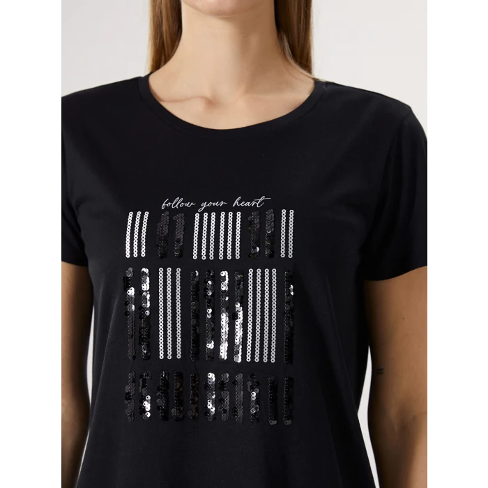 LCWAIKIKI Classic Siyah Bisiklet Yaka Pul Payet İşlemeli Kadın Tişört