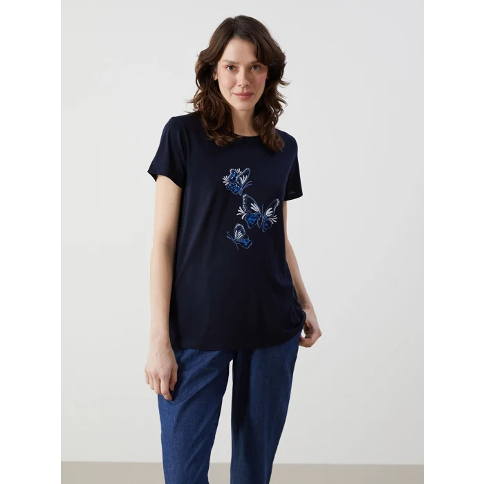 LCWAIKIKI Classic Lacivert Bisiklet Yaka Baskılı Penye Kadın Tişört