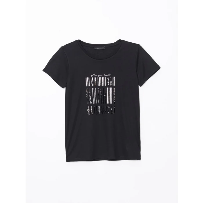 LCWAIKIKI Classic Siyah Bisiklet Yaka Pul Payet İşlemeli Kadın Tişört