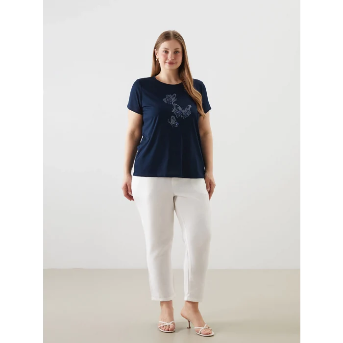 LCWAIKIKI Classic Lacivert Bisiklet Yaka Baskılı Penye Kadın Tişört