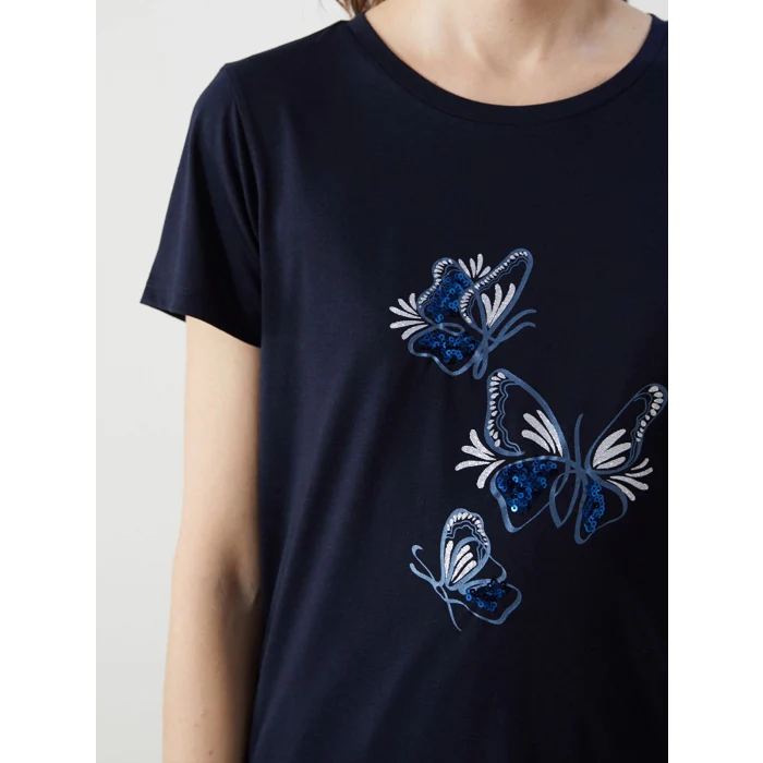 LCWAIKIKI Classic Lacivert Bisiklet Yaka Baskılı Penye Kadın Tişört