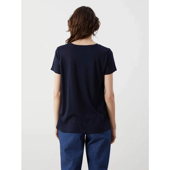 LCWAIKIKI Classic Lacivert Bisiklet Yaka Baskılı Penye Kadın Tişört