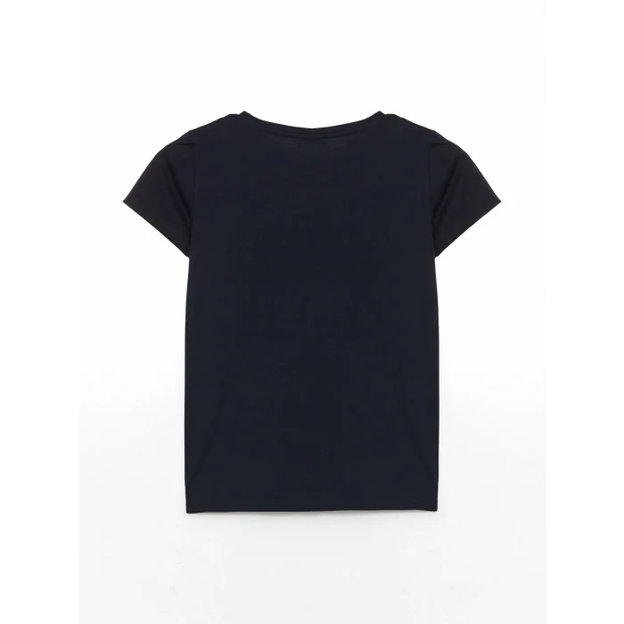 LCWAIKIKI Classic Lacivert Bisiklet Yaka Baskılı Penye Kadın Tişört