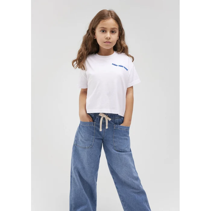 Mavi 7610180-620 Miav Baskılı Beyaz Crop Çocuk Tişört