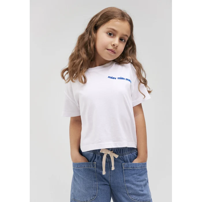 Mavi 7610180-620 Miav Baskılı Beyaz Crop Çocuk Tişört