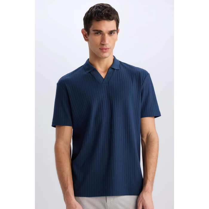 Defacto E1207 Lacivert Regular Fit Kısa Kollu Krinkıl Polo Tişört