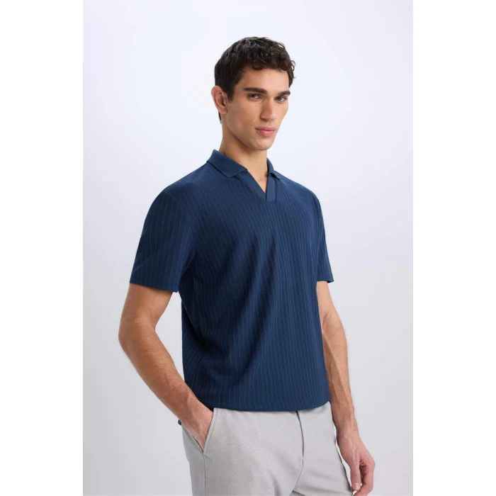 Defacto E1207 Lacivert Regular Fit Kısa Kollu Krinkıl Polo Tişört