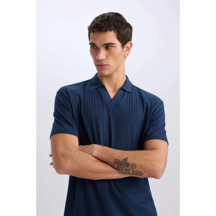 Defacto E1207 Lacivert Regular Fit Kısa Kollu Krinkıl Polo Tişört