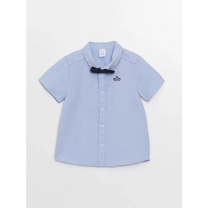 LCW baby Mavi Kısa Kollu Nakış Detaylı Erkek Bebek Gömlek ve Papyon 2li Takım