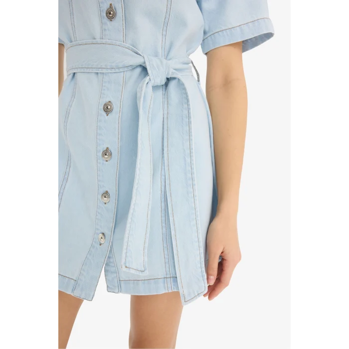 Defacto E1287 Mavi Polo Yaka Düğmeli Kuşaklı Kısa Kollu Mini Jean Elbise