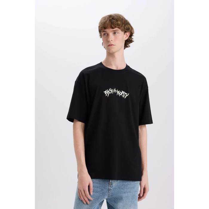 Defacto E3268 Siyah %100 Pamuk Rick and Morty Boxy Fit Bisiklet Yaka Sırt Baskılı Kısa Kollu Tişört
