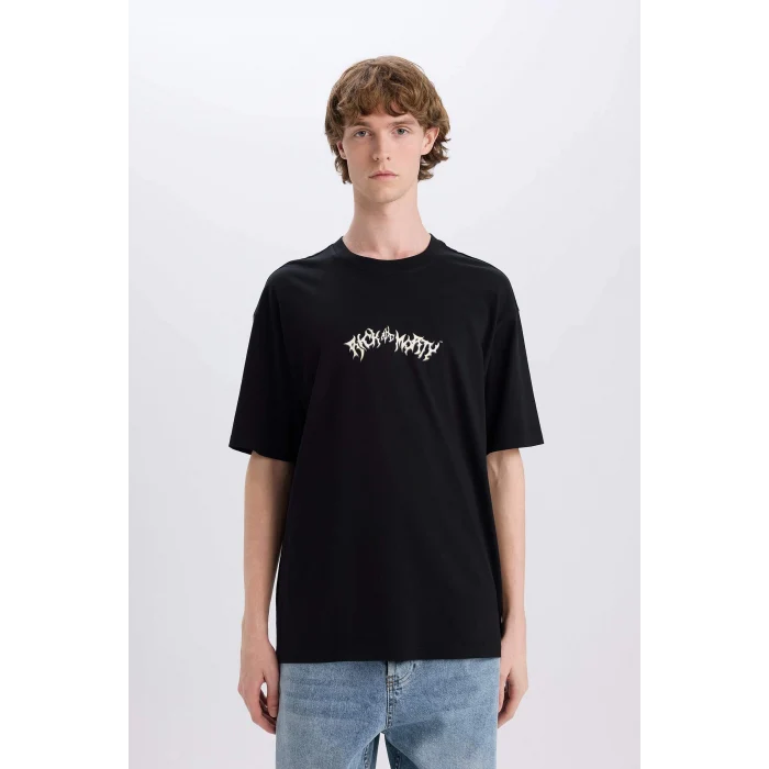 Defacto E3268 Siyah %100 Pamuk Rick and Morty Boxy Fit Bisiklet Yaka Sırt Baskılı Kısa Kollu Tişört