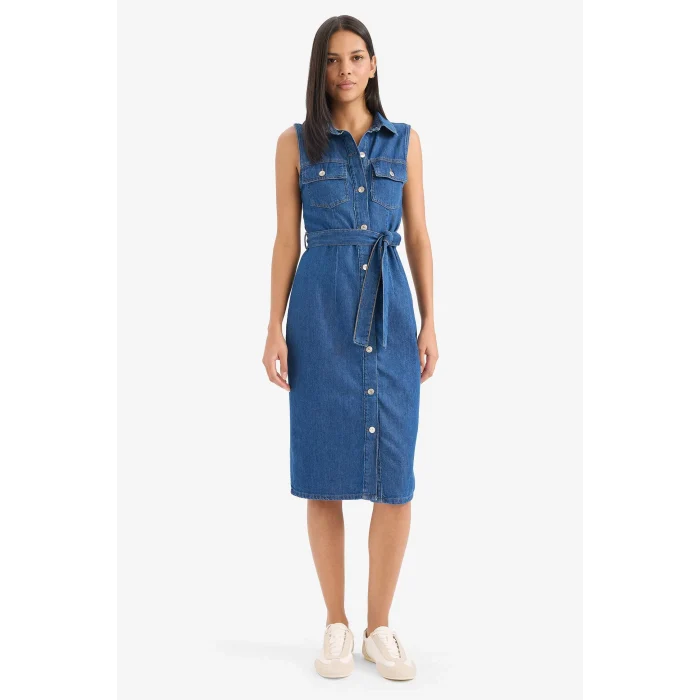 Defacto E1286 Mavi Gömlek Yaka Kuşaklı Yumuşak Jean Midi Elbise