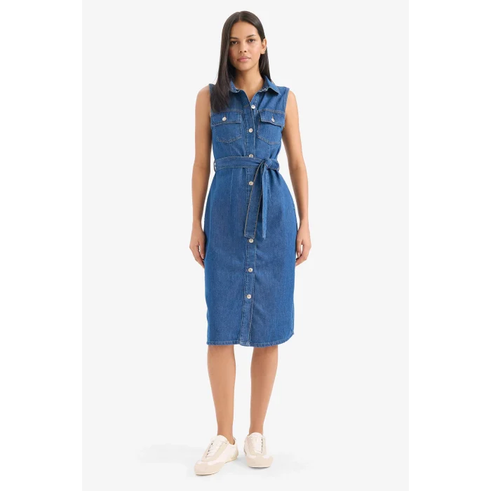 Defacto E1286 Mavi Gömlek Yaka Kuşaklı Yumuşak Jean Midi Elbise