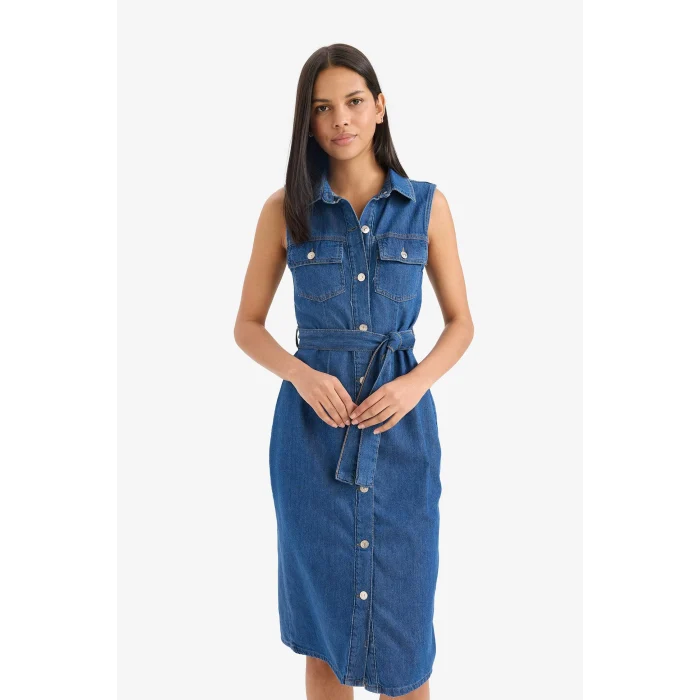 Defacto E1286 Mavi Gömlek Yaka Kuşaklı Yumuşak Jean Midi Elbise