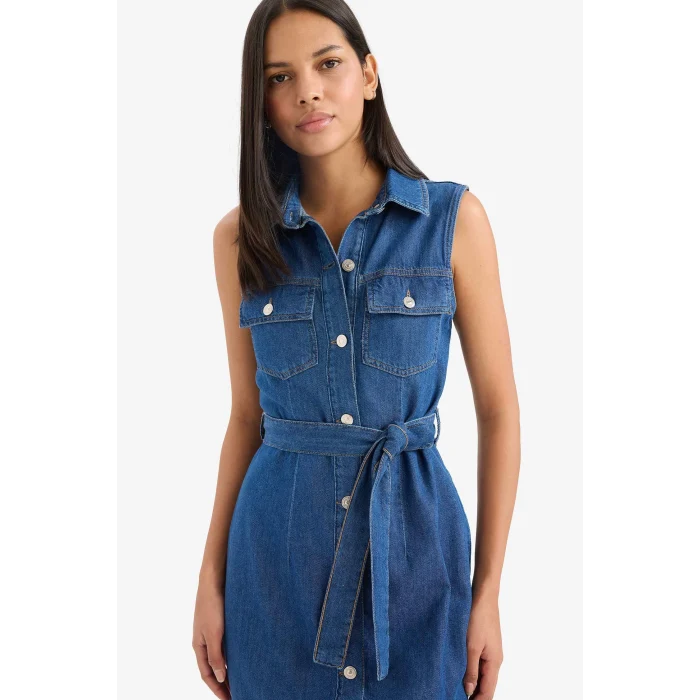 Defacto E1286 Mavi Gömlek Yaka Kuşaklı Yumuşak Jean Midi Elbise