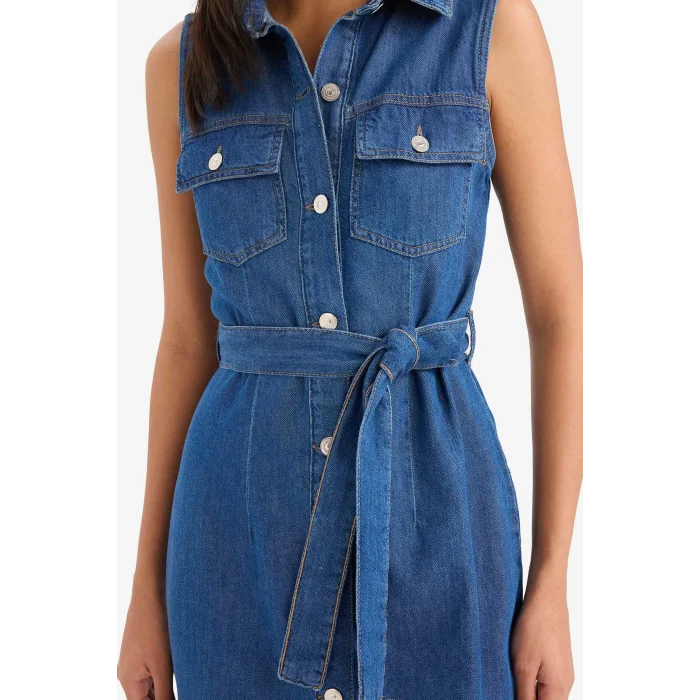 Defacto E1286 Mavi Gömlek Yaka Kuşaklı Yumuşak Jean Midi Elbise