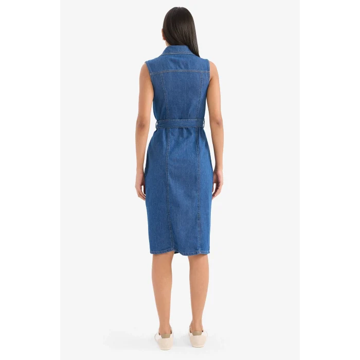 Defacto E1286 Mavi Gömlek Yaka Kuşaklı Yumuşak Jean Midi Elbise