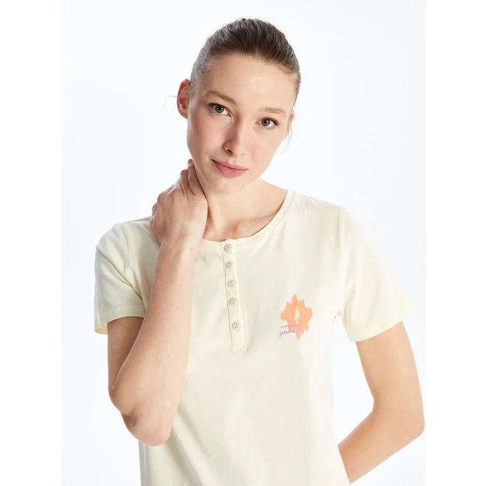 LCW DREAM Ekru Bisiklet Yaka Baskılı Kısa Kollu Kadın Pijama Takımı