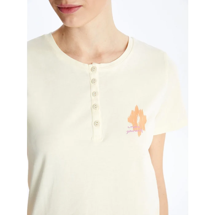 LCW DREAM Ekru Bisiklet Yaka Baskılı Kısa Kollu Kadın Pijama Takımı