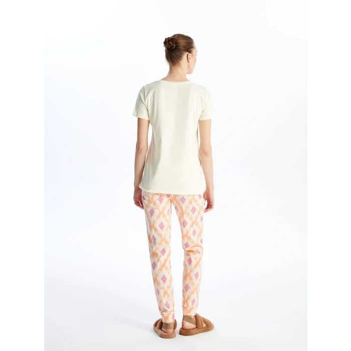 LCW DREAM Ekru Bisiklet Yaka Baskılı Kısa Kollu Kadın Pijama Takımı