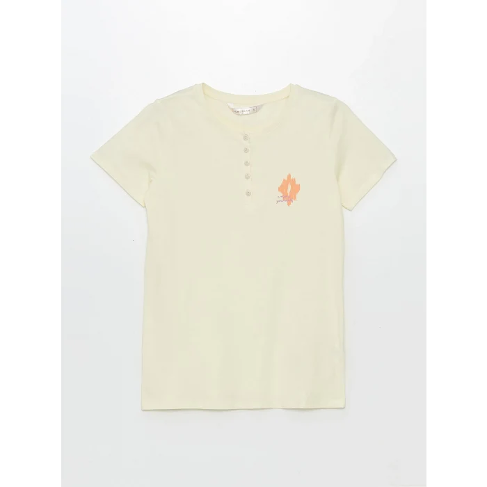 LCW DREAM Ekru Bisiklet Yaka Baskılı Kısa Kollu Kadın Pijama Takımı