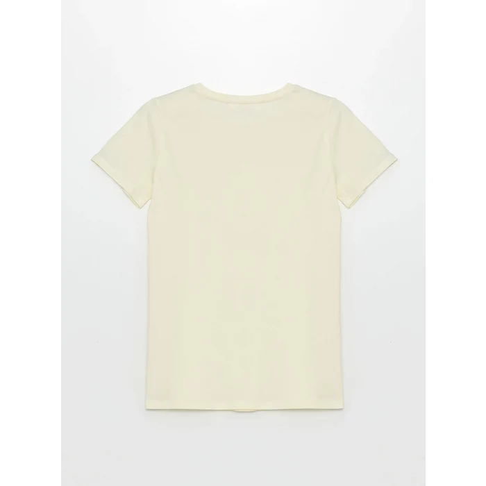 LCW DREAM Ekru Bisiklet Yaka Baskılı Kısa Kollu Kadın Pijama Takımı