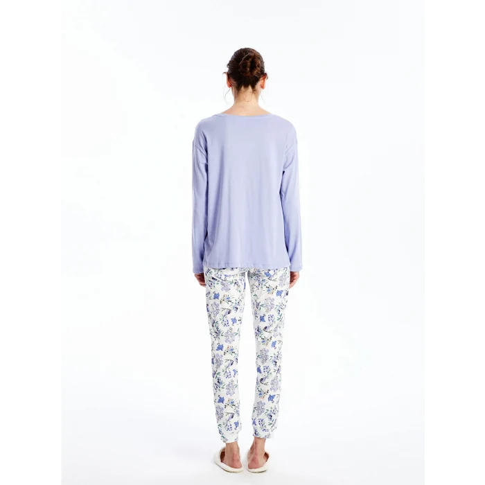 LCW DREAM Ekru Bisiklet Yaka Baskılı Kısa Kollu Kadın Pijama Takımı