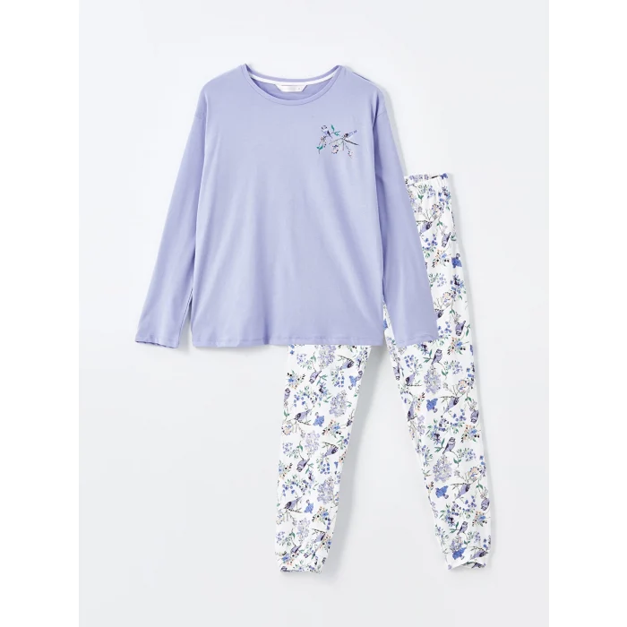 LCW DREAM Ekru Bisiklet Yaka Baskılı Kısa Kollu Kadın Pijama Takımı