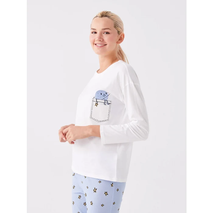 LCW Young Mavi Bisiklet Yaka Baskılı Uzun Kollu Kadın Pijama Takımı