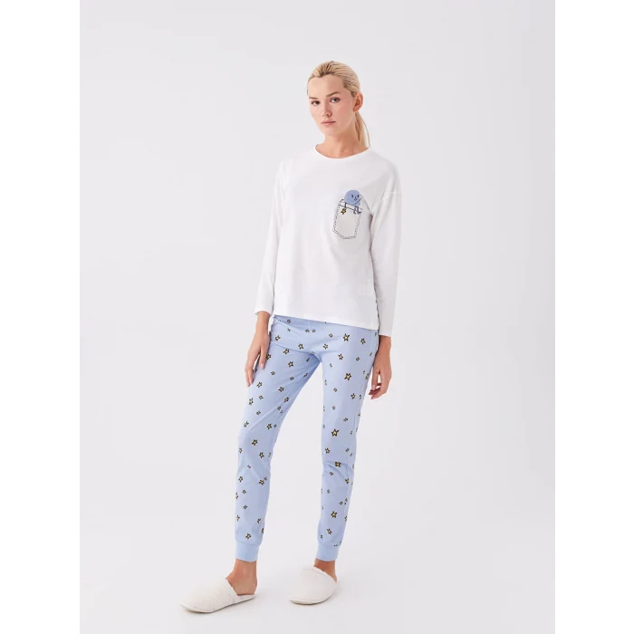 LCW Young Mavi Bisiklet Yaka Baskılı Uzun Kollu Kadın Pijama Takımı
