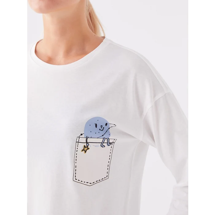 LCW Young Mavi Bisiklet Yaka Baskılı Uzun Kollu Kadın Pijama Takımı