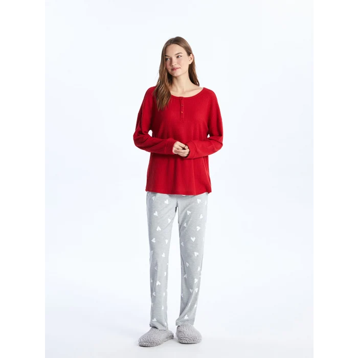 LCW DREAM Kirmizi Bisiklet Yaka Düz Uzun Kollu Kadın Pijama Üst