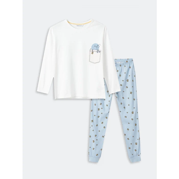LCW Young Mavi Bisiklet Yaka Baskılı Uzun Kollu Kadın Pijama Takımı