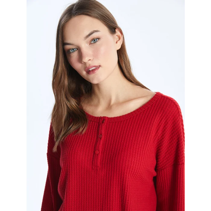 LCW DREAM Kirmizi Bisiklet Yaka Düz Uzun Kollu Kadın Pijama Üst