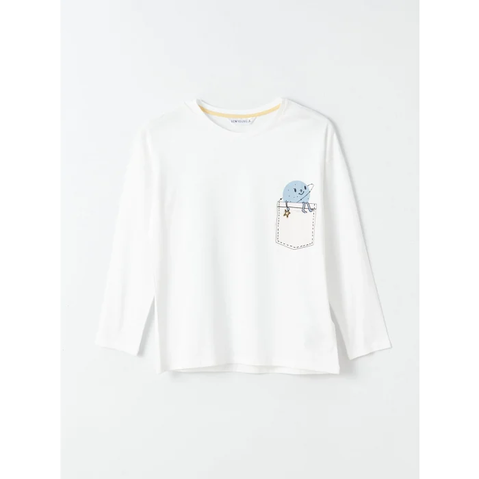 LCW Young Mavi Bisiklet Yaka Baskılı Uzun Kollu Kadın Pijama Takımı