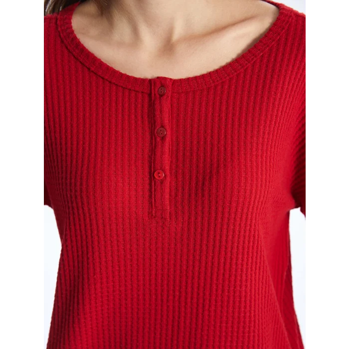 LCW DREAM Kirmizi Bisiklet Yaka Düz Uzun Kollu Kadın Pijama Üst