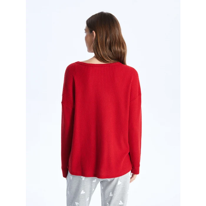 LCW DREAM Kirmizi Bisiklet Yaka Düz Uzun Kollu Kadın Pijama Üst