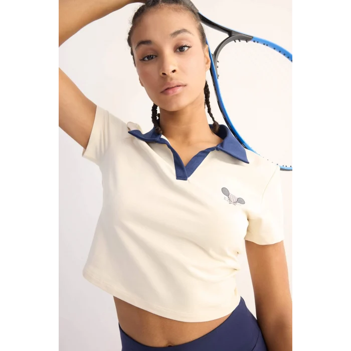 Defacto D7136 Ekru DeFactoFit Standart Fit Baskılı Sporcu Kısa Kollu Polo Tişört