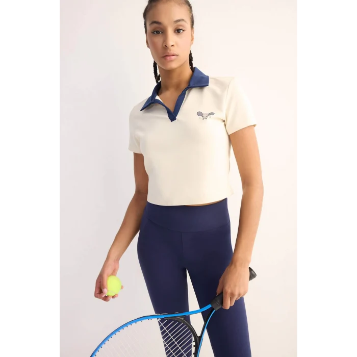 Defacto D7136 Ekru DeFactoFit Standart Fit Baskılı Sporcu Kısa Kollu Polo Tişört