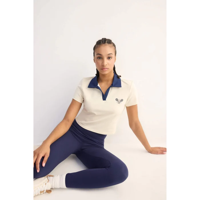 Defacto D7136 Ekru DeFactoFit Standart Fit Baskılı Sporcu Kısa Kollu Polo Tişört