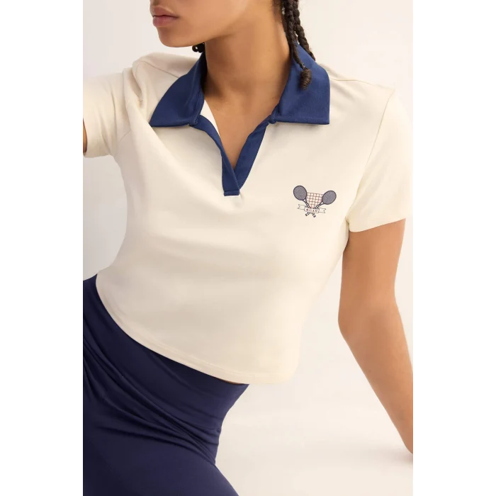 Defacto D7136 Ekru DeFactoFit Standart Fit Baskılı Sporcu Kısa Kollu Polo Tişört