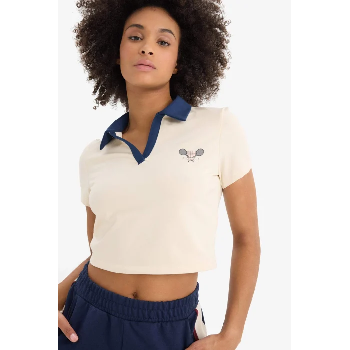 Defacto D7136 Ekru DeFactoFit Standart Fit Baskılı Sporcu Kısa Kollu Polo Tişört